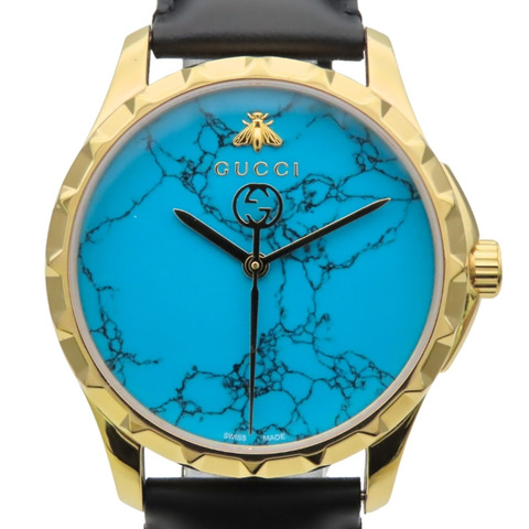 Gucci Bee 126.4 不鏽鋼皮革腕錶，金色、黑色、綠松石藍色，男士腕錶。