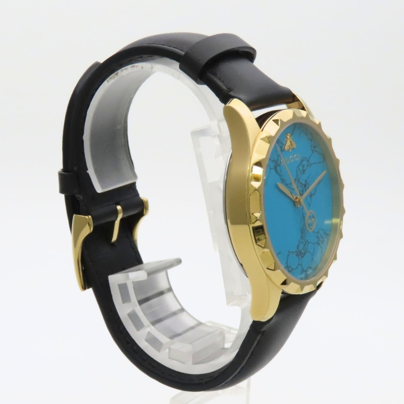 Gucci Bee 126.4 不鏽鋼皮革腕錶，金色、黑色、綠松石藍色，男士腕錶。-3