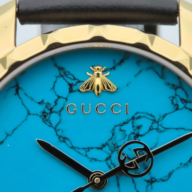 Gucci Bee 126.4 不鏽鋼皮革腕錶，金色、黑色、綠松石藍色，男士腕錶。-7