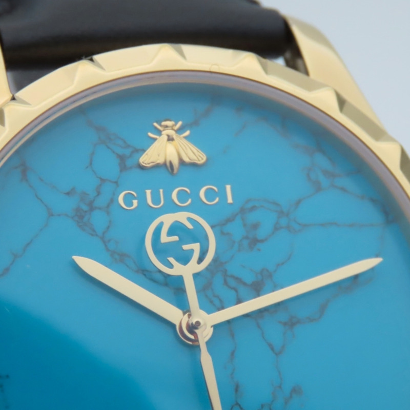 Gucci Bee 126.4 不鏽鋼皮革腕錶，金色、黑色、綠松石藍色，男士腕錶。-8