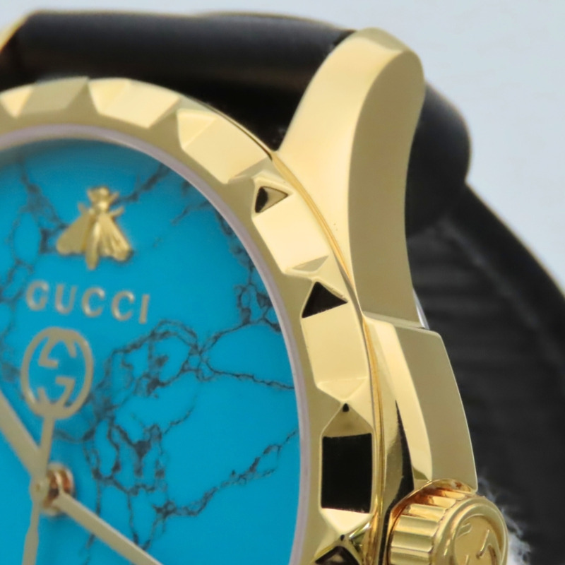 Gucci Bee 126.4 不鏽鋼皮革腕錶，金色、黑色、綠松石藍色，男士腕錶。-10