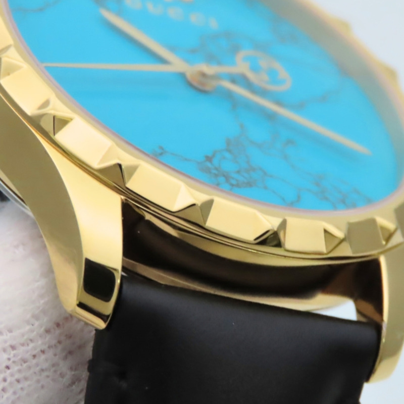 Gucci Bee 126.4 不鏽鋼皮革腕錶，金色、黑色、綠松石藍色，男士腕錶。-11