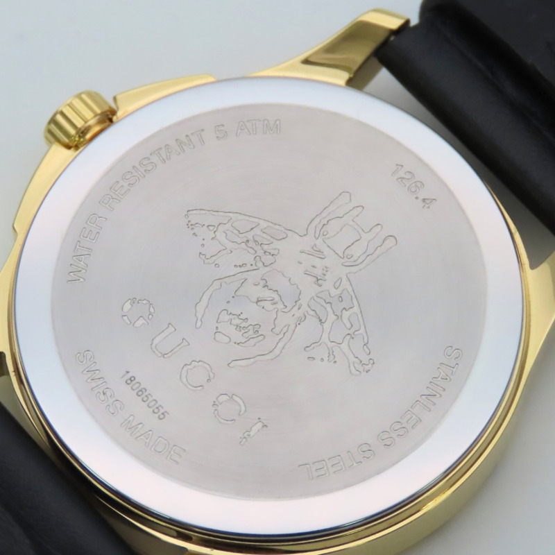 Gucci Bee 126.4 不鏽鋼皮革腕錶，金色、黑色、綠松石藍色，男士腕錶。-25