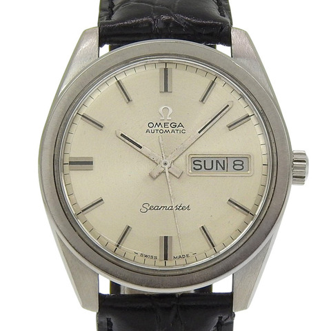 歐米茄海馬系列星期日曆腕錶，752型機芯，不鏽鋼錶殼，壓花皮革錶帶，自動上鍊機芯，模擬顯示，銀色錶盤，男士款。