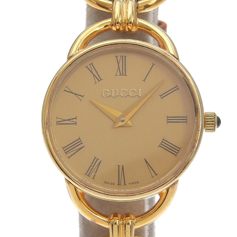 Gucci GUCCI 6000.2.L 鍍金 x 皮革錶帶 石英模擬錶盤 女士腕錶-0