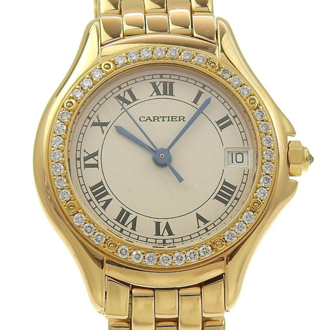 卡地亞 Panthère Cougar WF8001B9 手錶，18K 黃金鑲鑽，石英，模擬，象牙色錶盤，女士手錶。