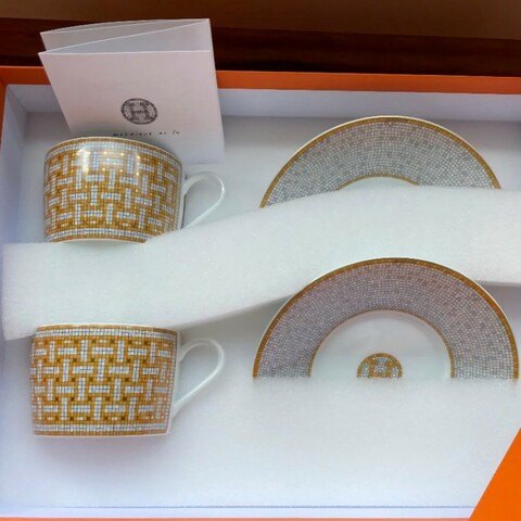 HERMES 愛馬仕 Mosaique au 24 黃金茶杯與茶碟2入組