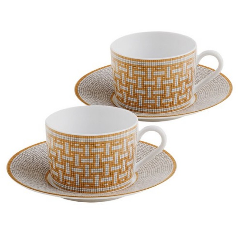 HERMES 愛馬仕 Mosaique au 24 黃金茶杯與茶碟2入組-1