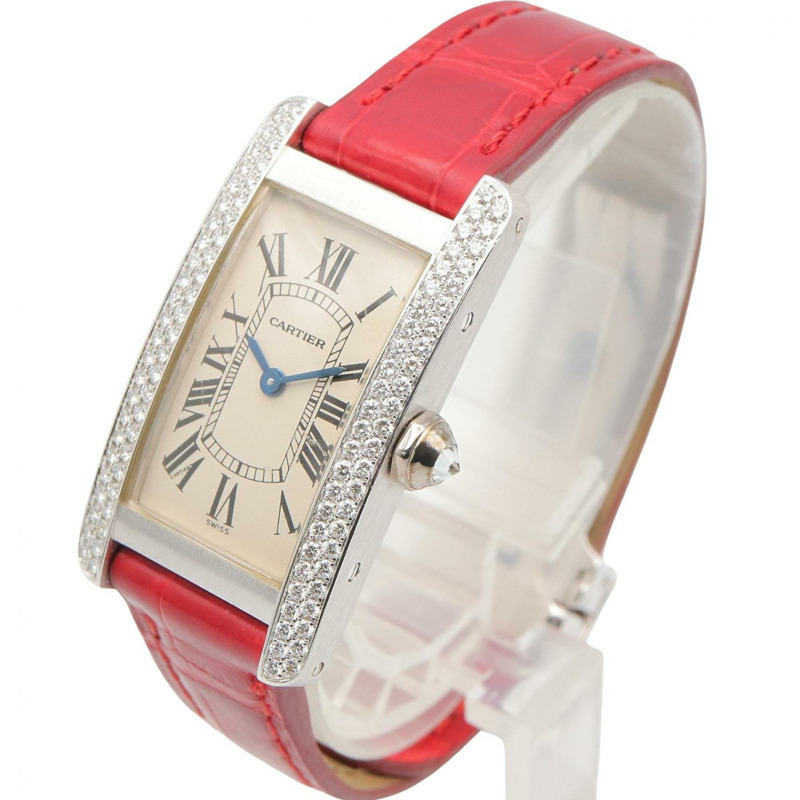 卡地亞 Tank American SM 側鑲鑽腕錶，18K 白金 (WG)，鑲鑽，皮錶帶，女士，白/銀色，WB701851-1