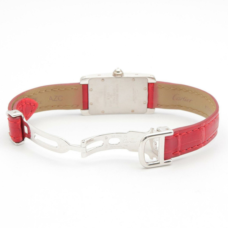 卡地亞 Tank American SM 側鑲鑽腕錶，18K 白金 (WG)，鑲鑽，皮錶帶，女士，白/銀色，WB701851-3