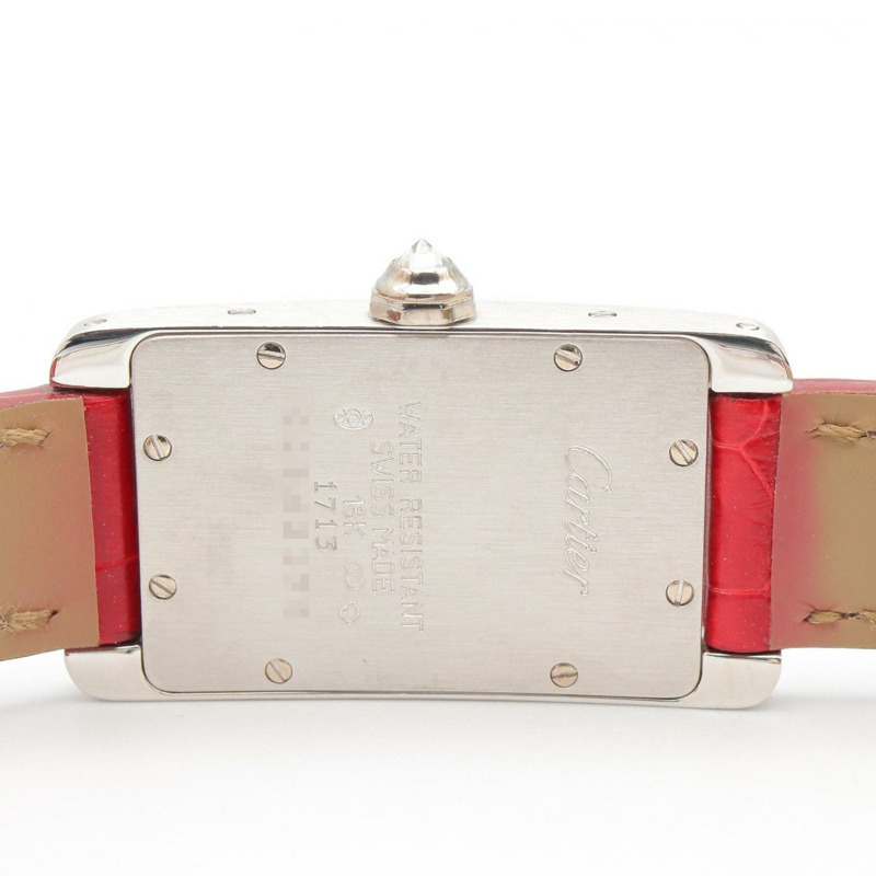 卡地亞 Tank American SM 側鑲鑽腕錶，18K 白金 (WG)，鑲鑽，皮錶帶，女士，白/銀色，WB701851-4