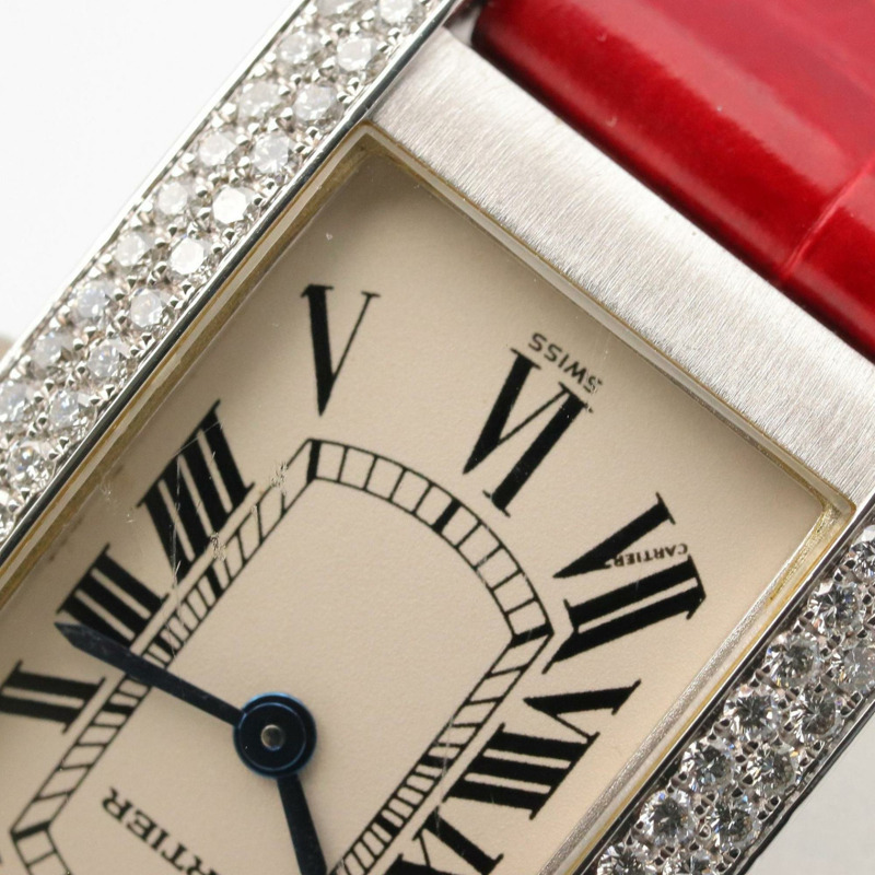 卡地亞 Tank American SM 側鑲鑽腕錶，18K 白金 (WG)，鑲鑽，皮錶帶，女士，白/銀色，WB701851-8