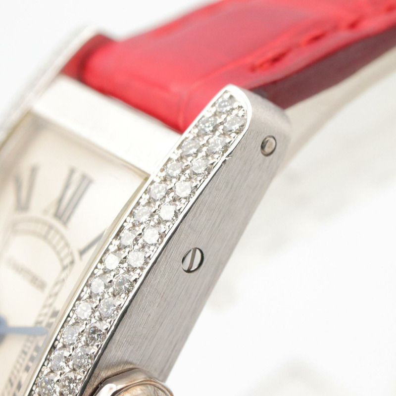 卡地亞 Tank American SM 側鑲鑽腕錶，18K 白金 (WG)，鑲鑽，皮錶帶，女士，白/銀色，WB701851-9