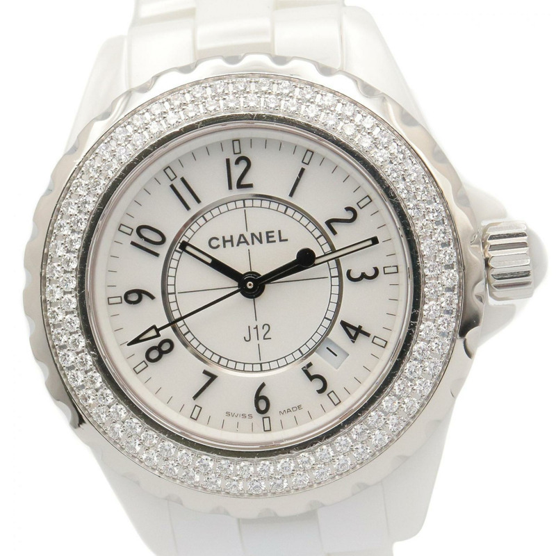 香奈兒 J12 錶圈鑲鑽腕錶，陶瓷錶殼，鑲鑽，女士腕錶，白色，H0967-2