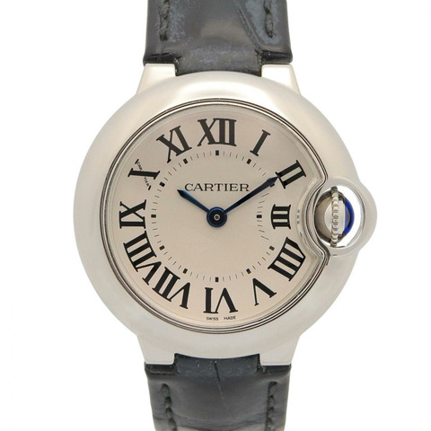 卡地亞 Ballon Bleu 女士腕錶，不鏽鋼錶殼，皮革錶帶，銀色，W69018Z4