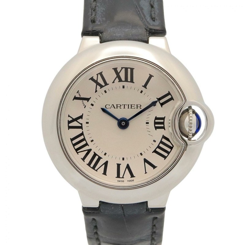卡地亞 Ballon Bleu 女士腕錶，不鏽鋼錶殼，皮革錶帶，銀色，W69018Z4-0