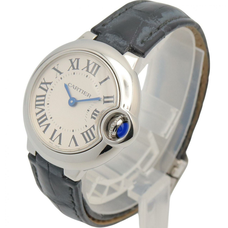 卡地亞 Ballon Bleu 女士腕錶，不鏽鋼錶殼，皮革錶帶，銀色，W69018Z4-1