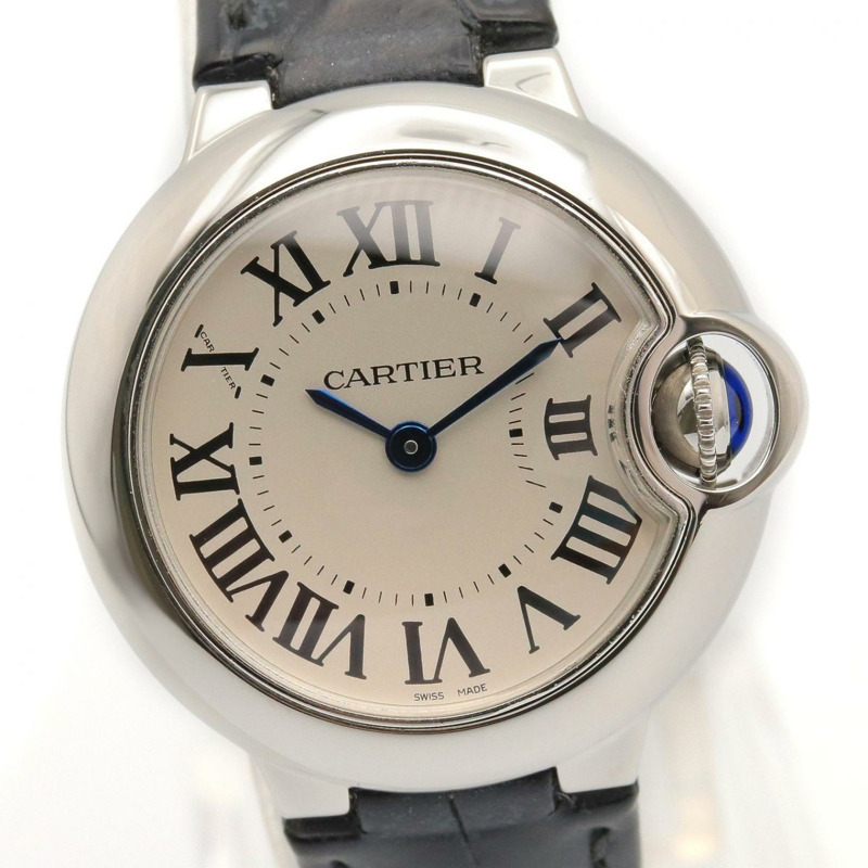 卡地亞 Ballon Bleu 女士腕錶，不鏽鋼錶殼，皮革錶帶，銀色，W69018Z4-2