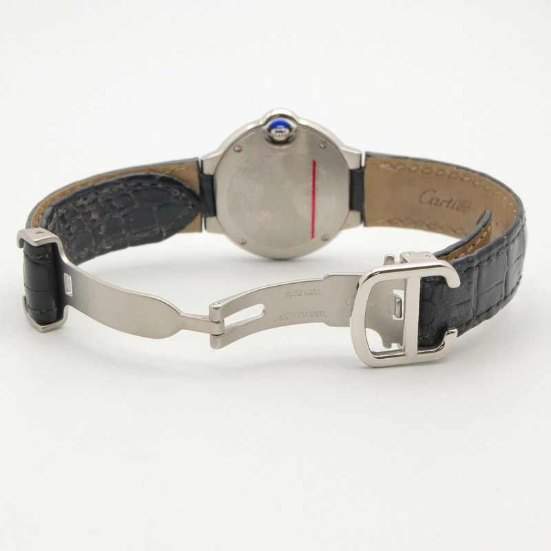 卡地亞 Ballon Bleu 女士腕錶，不鏽鋼錶殼，皮革錶帶，銀色，W69018Z4-3