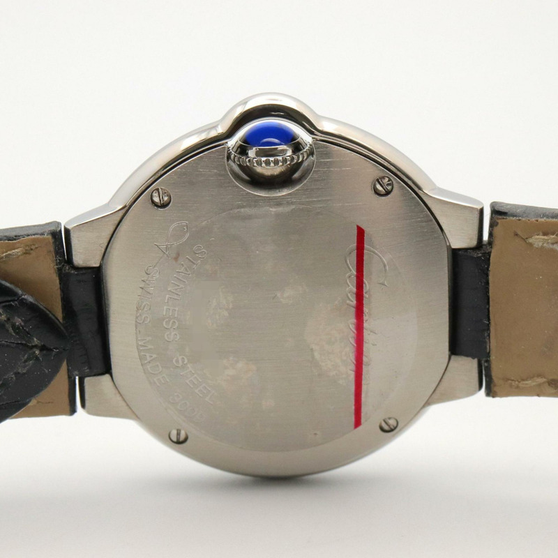 卡地亞 Ballon Bleu 女士腕錶，不鏽鋼錶殼，皮革錶帶，銀色，W69018Z4-4