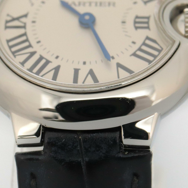 卡地亞 Ballon Bleu 女士腕錶，不鏽鋼錶殼，皮革錶帶，銀色，W69018Z4-11