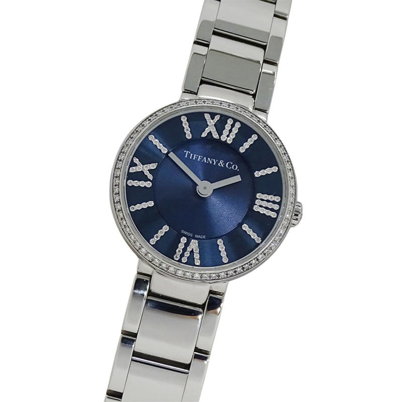 Tiffany & Co.) 女士 Atlas 鑽石石英錶，不鏽鋼 (SS)，銀色/海軍藍，69291651，拋光。-0