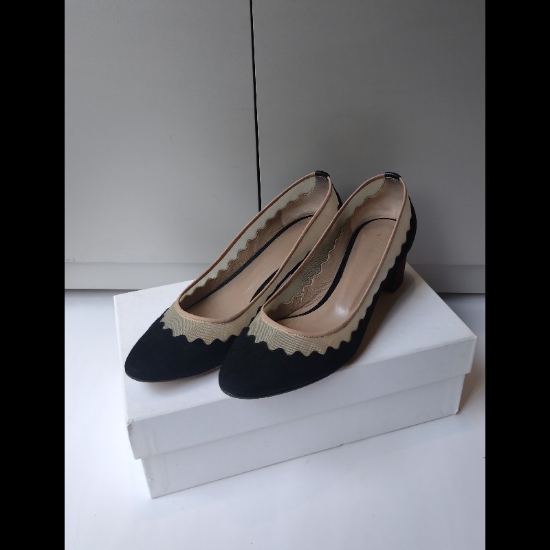Chloe 黑麂皮+米色網邊方跟高跟鞋-0