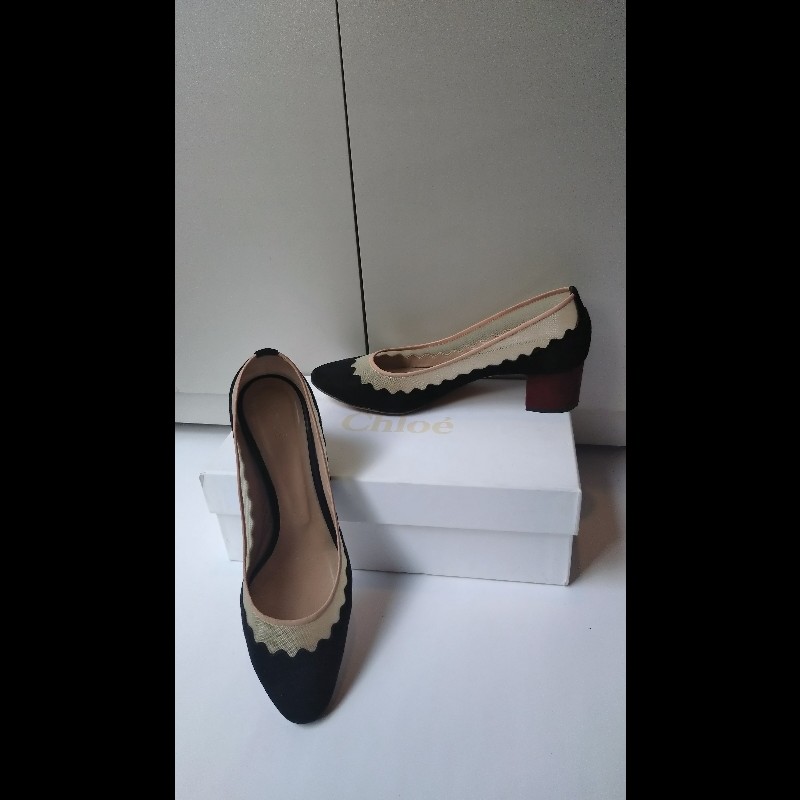 Chloe 黑麂皮+米色網邊方跟高跟鞋-1