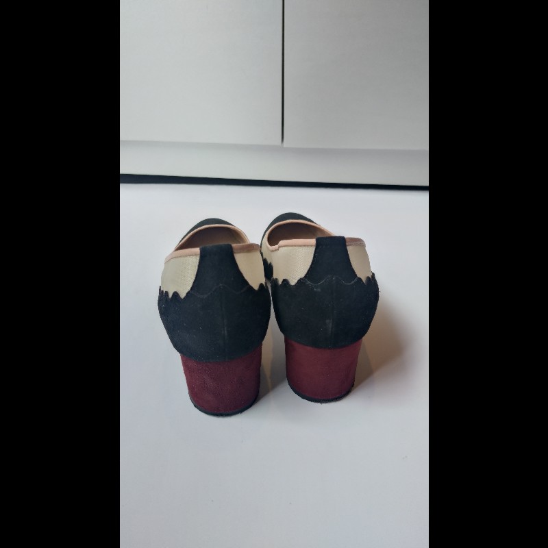 Chloe 黑麂皮+米色網邊方跟高跟鞋-4