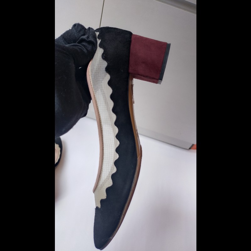 Chloe 黑麂皮+米色網邊方跟高跟鞋-7