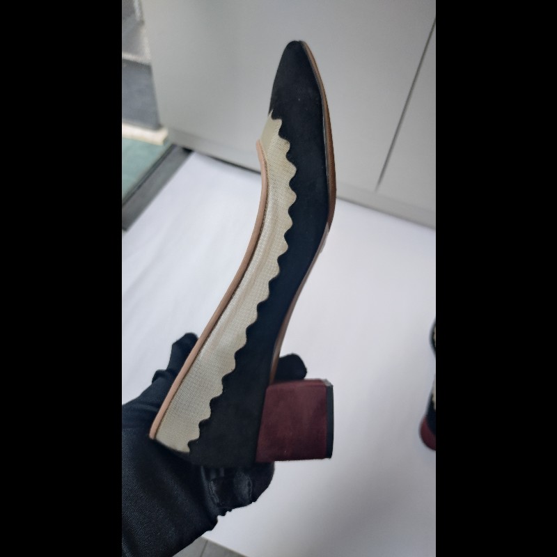 Chloe 黑麂皮+米色網邊方跟高跟鞋-9