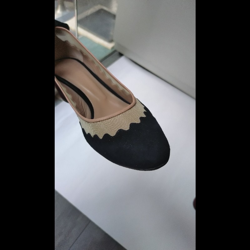 Chloe 黑麂皮+米色網邊方跟高跟鞋-10