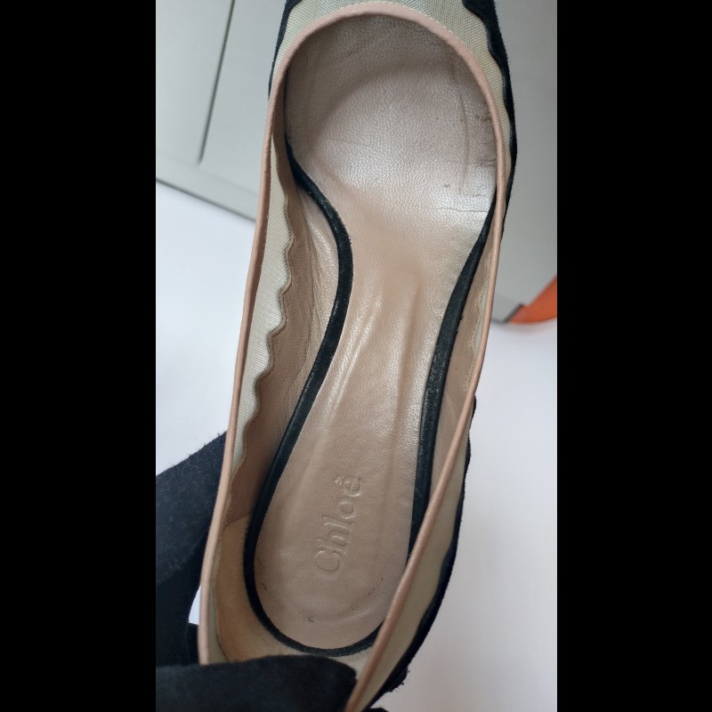 Chloe 黑麂皮+米色網邊方跟高跟鞋-13