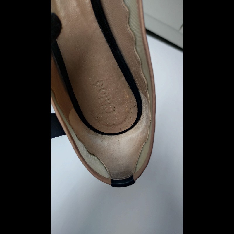 Chloe 黑麂皮+米色網邊方跟高跟鞋-15