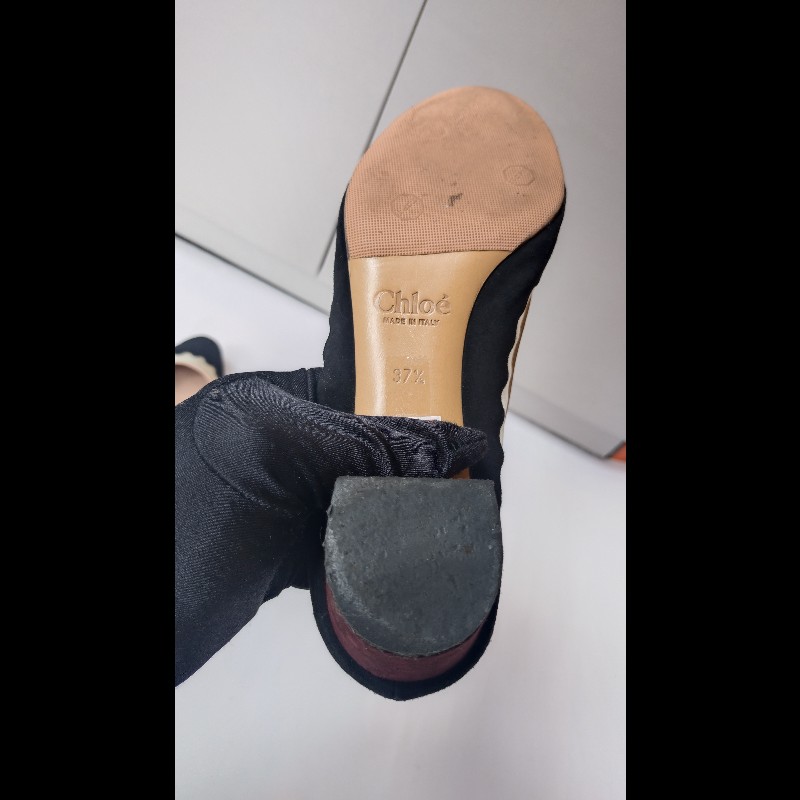 Chloe 黑麂皮+米色網邊方跟高跟鞋-17