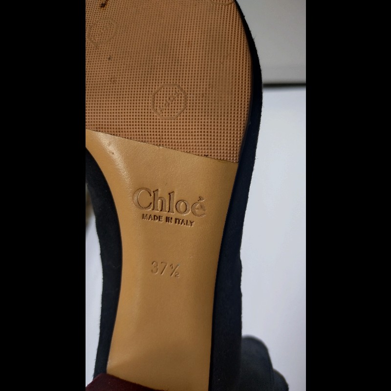 Chloe 黑麂皮+米色網邊方跟高跟鞋-19