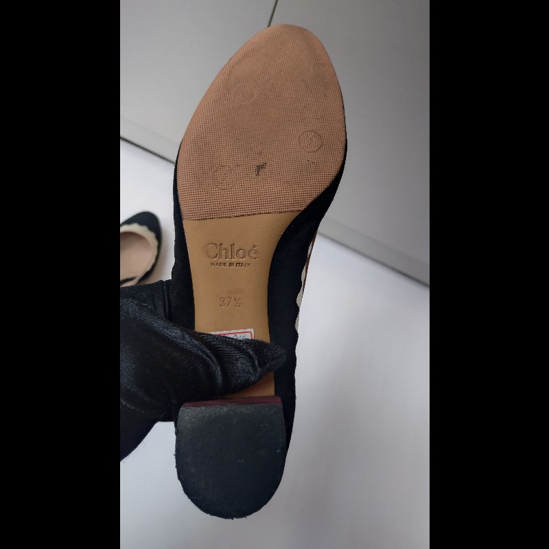 Chloe 黑麂皮+米色網邊方跟高跟鞋-20