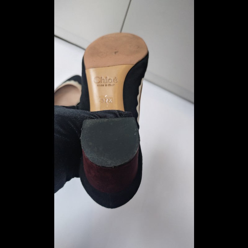 Chloe 黑麂皮+米色網邊方跟高跟鞋-21