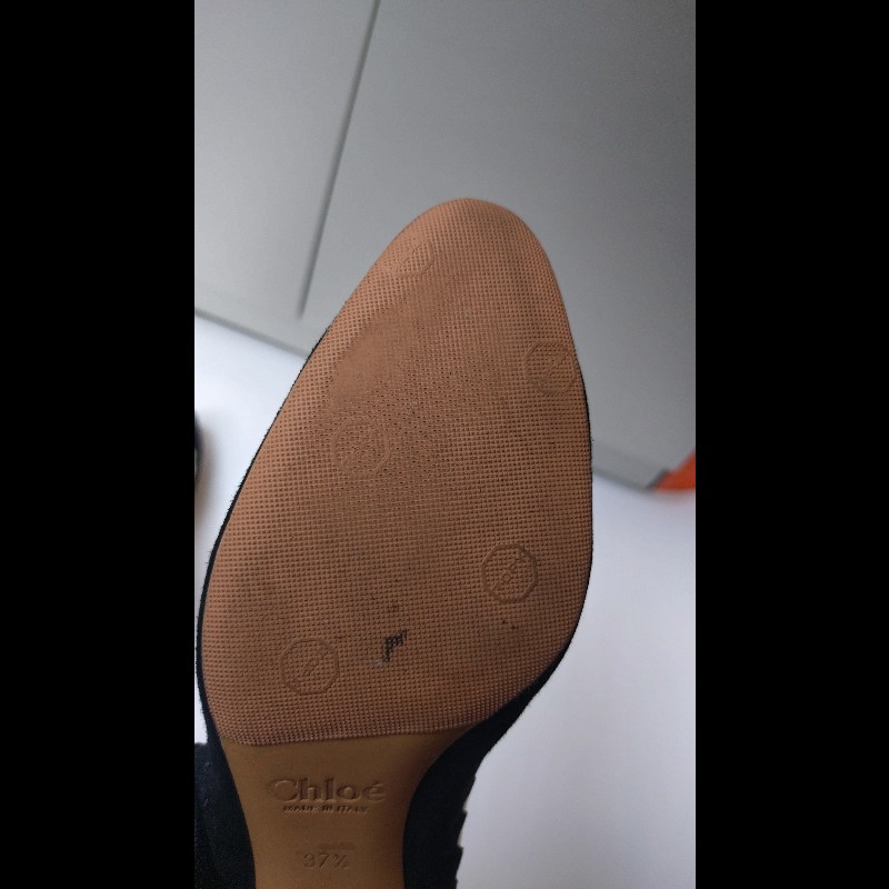 Chloe 黑麂皮+米色網邊方跟高跟鞋-22