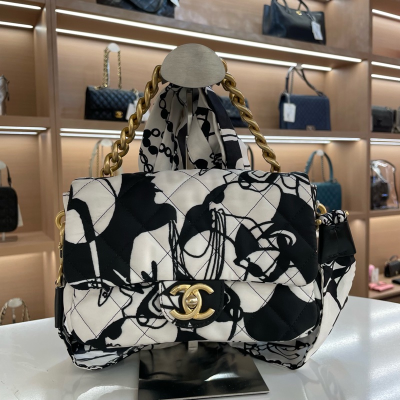 Chanel香奈儿黑白涂鸦cf方胖子手绘丝巾粗链条手提包斜挎包单肩包-0