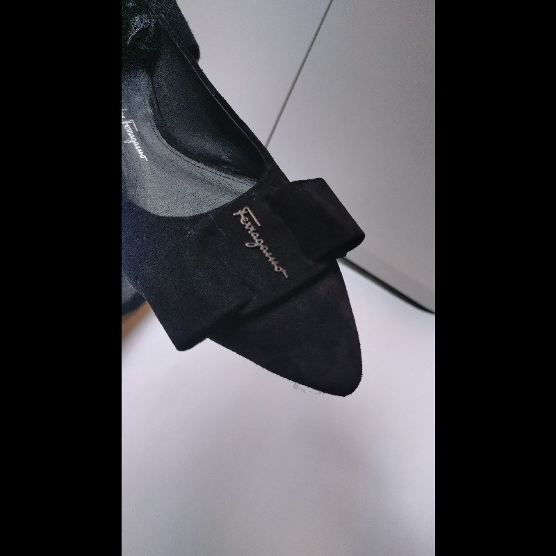 Ferragamo 黑色麂皮蝴結釦平底鞋-7