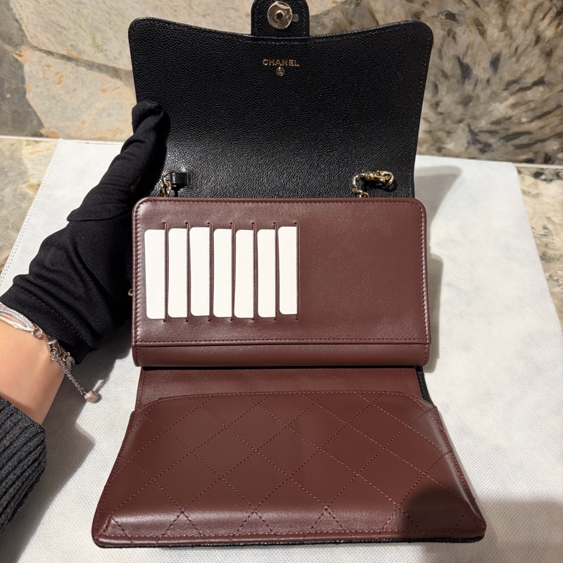 CHANEL黑荔枝淡金三折式WOC-7