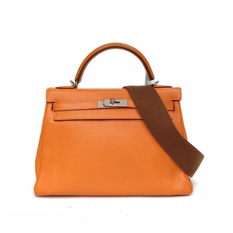 HERMES Kelly3293愛馬仕橙Togo皮框N銀扣肩背包