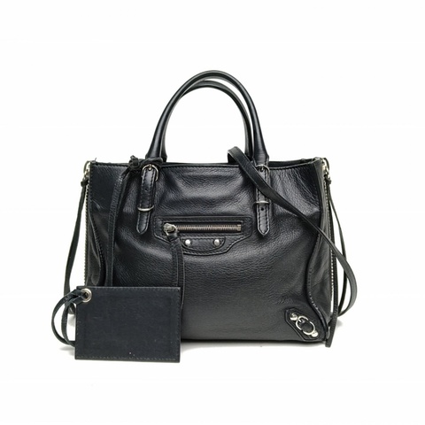 BALENCIAGA Papier紙袋包A4迷你22黑色牛皮銀扣肩背包