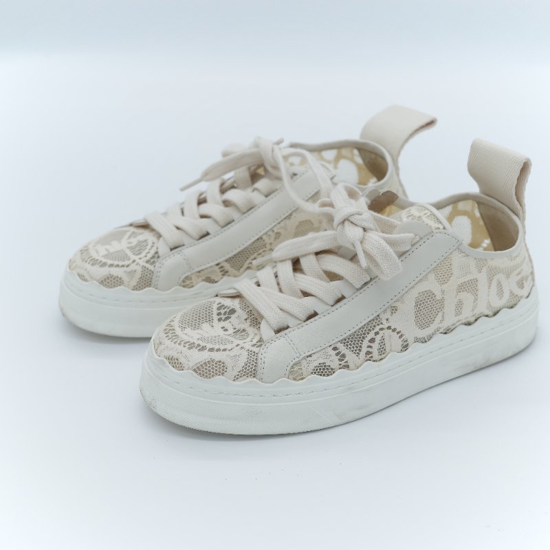 Chloé 蔻依 Lauren 米色簍空蕾絲皮革 拼接休閒鞋-1