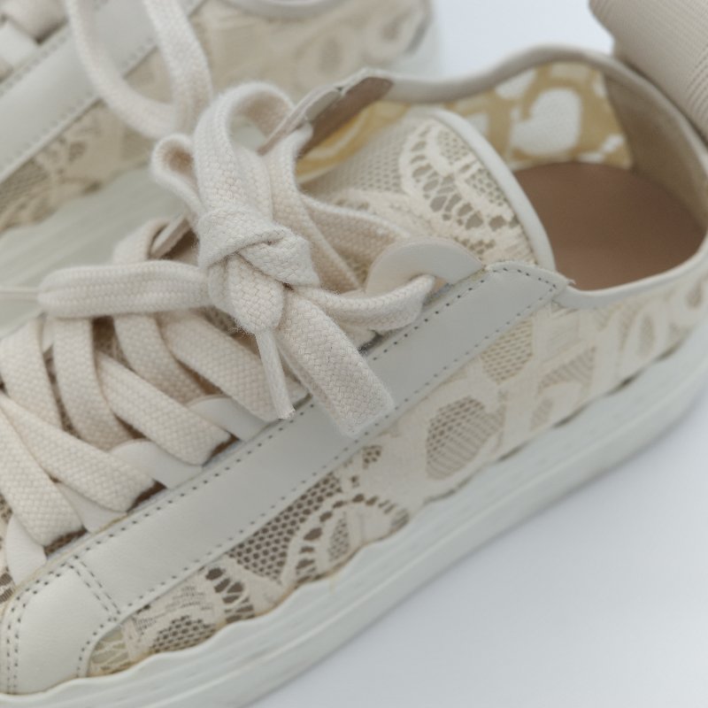 Chloé 蔻依 Lauren 米色簍空蕾絲皮革 拼接休閒鞋-3