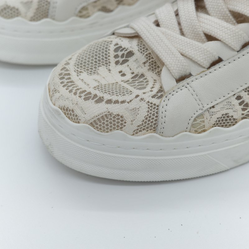 Chloé 蔻依 Lauren 米色簍空蕾絲皮革 拼接休閒鞋-5