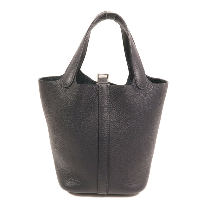 HERMES Clemence皮革Picotin PM銀扣手挽袋Bleu Nuit-1