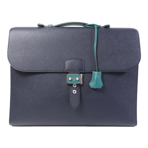 HERMES Epsom皮革Sac a Depeches 37銀扣手挽袋Bleu Indigo/Malachite