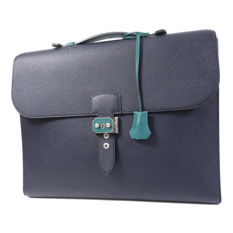 HERMES Epsom皮革Sac a Depeches 37銀扣手挽袋Bleu Indigo/Malachite-2